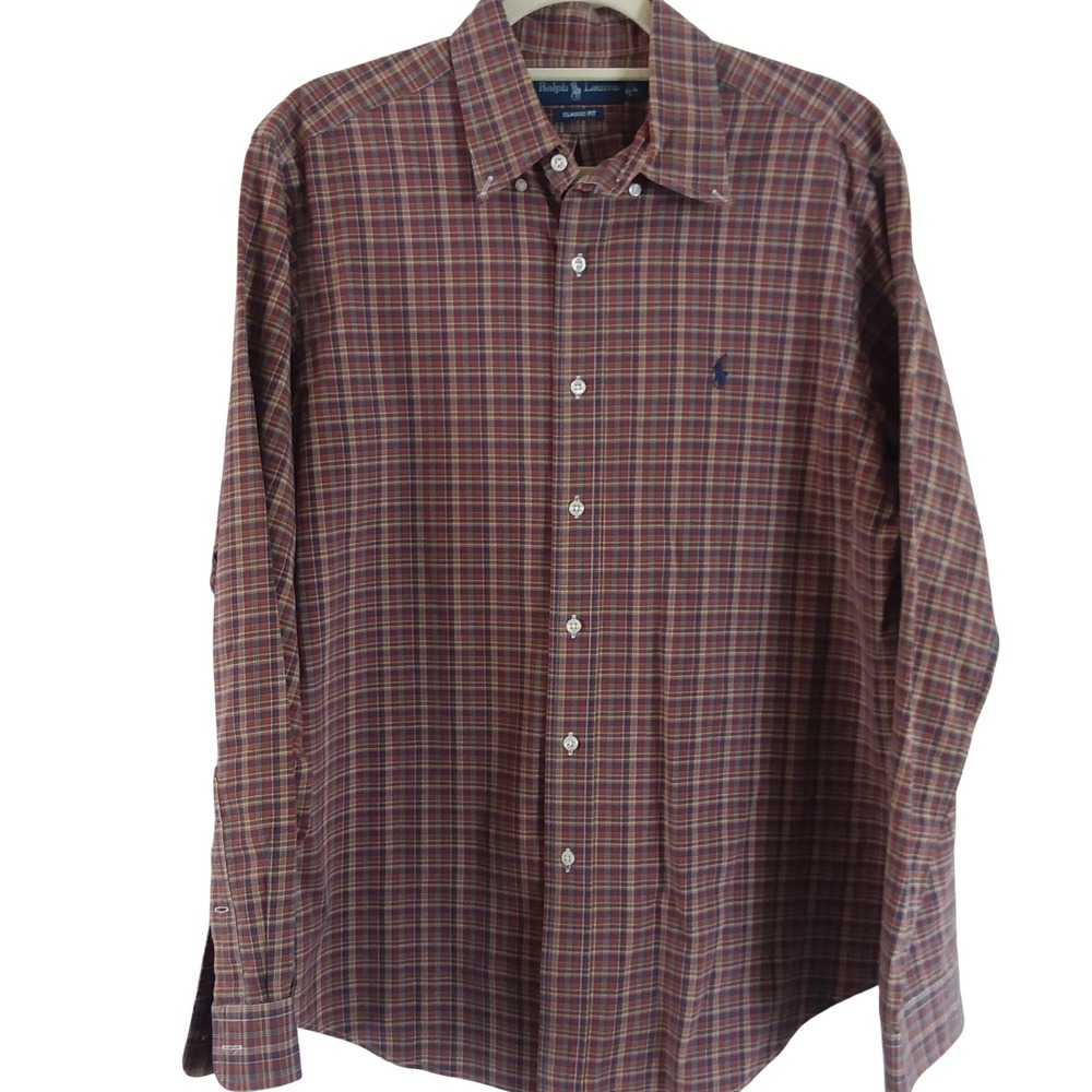 Polo Ralph Lauren Classic Fit Men's L Plaid Check Long‎ Sleeve Cotton Shirt VTG